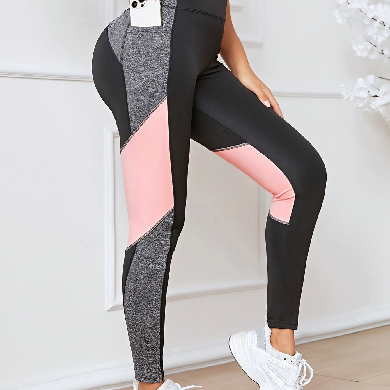 E-shop Damen-Leggings fürs Fitnessstudio mit hoher Taille Po-Hebung – Ganzlange Bauch-Workout-Hose mit Handy-Tasche, Farbblock-Einsätze in