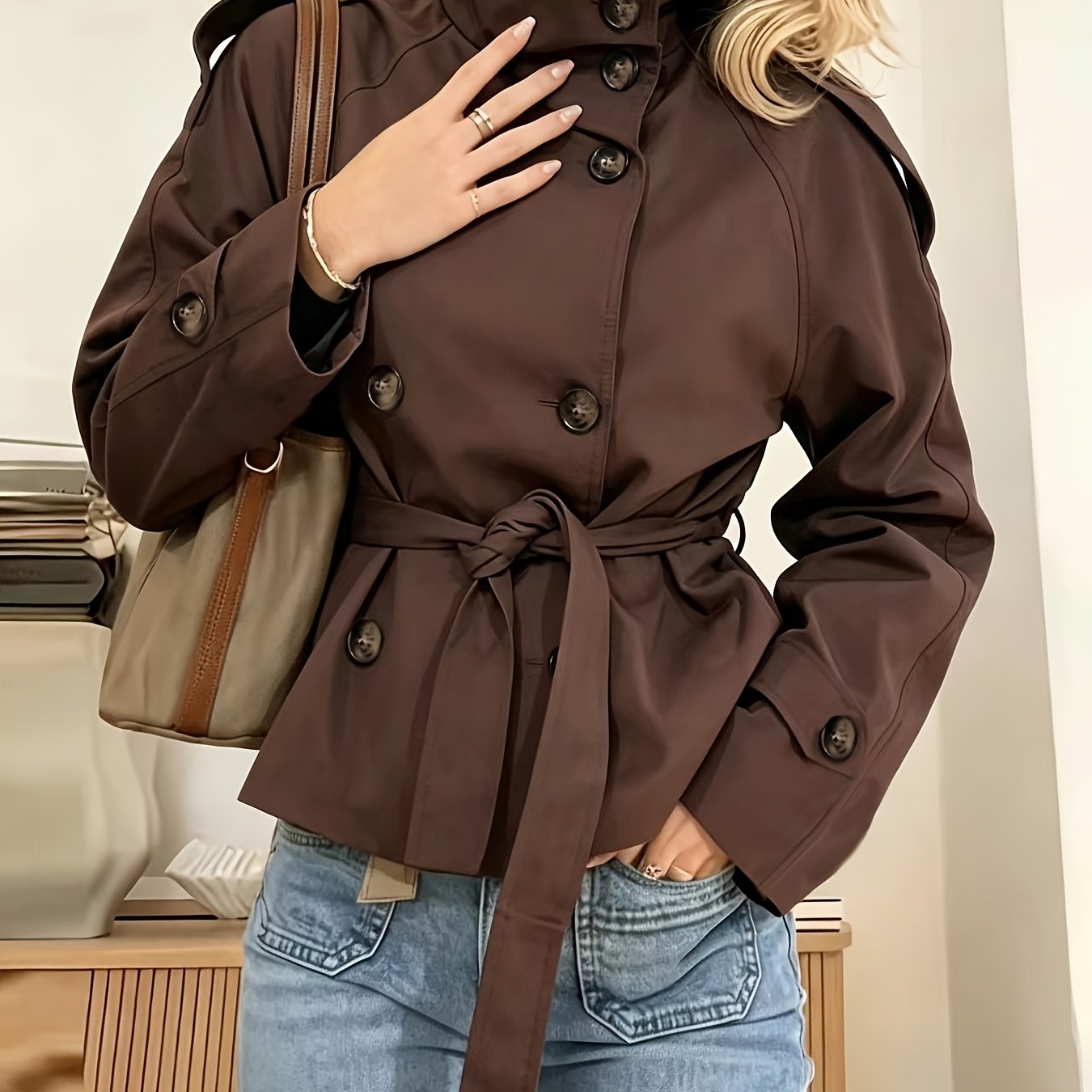 TEMU Women' Khaki Short Trench With Belted Waist & Stand Collar - Double-breasted Petite-friendly Jacket, Shoulder , Loose Fit Suitable For Daily ,