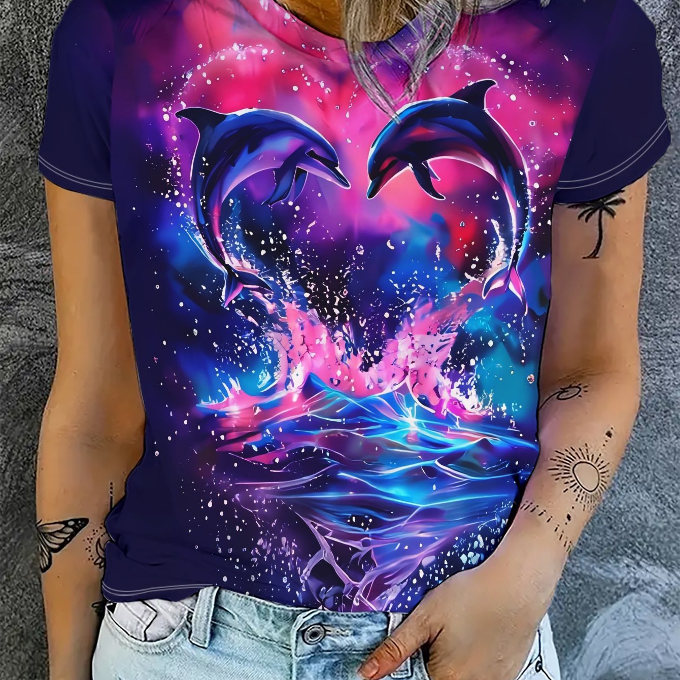 TEMU Fashionable, Casual, Versatile Summer New Women's Short Sleeve T-shirt, 2 Leaping The -shaped Light And Shadow And Water Dancing In , Machine
