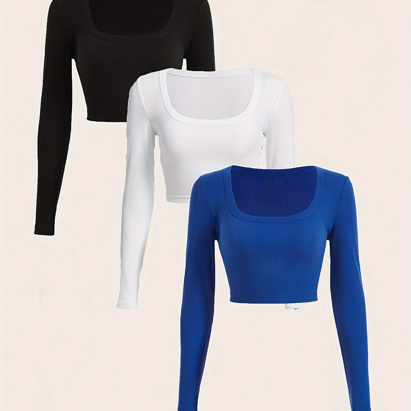 Image of 3pcs Set Of Women' Neck Long Sleeve T-shirts, Ribbed Stretch Crop Tops