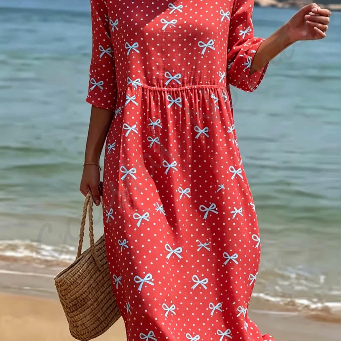 Plus Size, Plus Size Bow & Polka Dot Print Dress For Women, Casual 3/4 Sleeve Round Neck Loose Dress, Beach Midi Dress