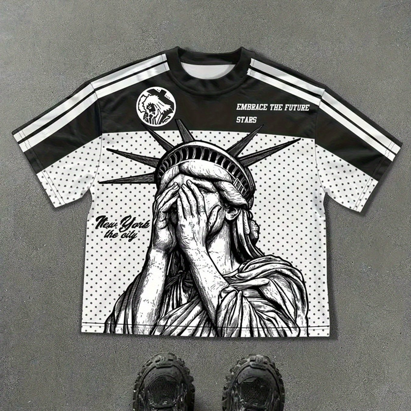 TEMU Personalized And Trendy T-shirt, With Artistic Statue Of Pattern With " The City" Words, Black And White Striped Design Showcasing Short Sleeves