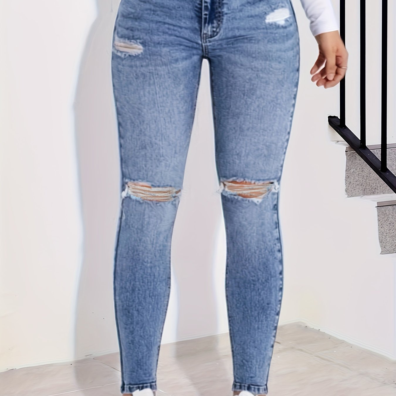 Blue Stir-fried Snowflake Fashion Ripped Skinny Ankle Pants Denim Jeans
