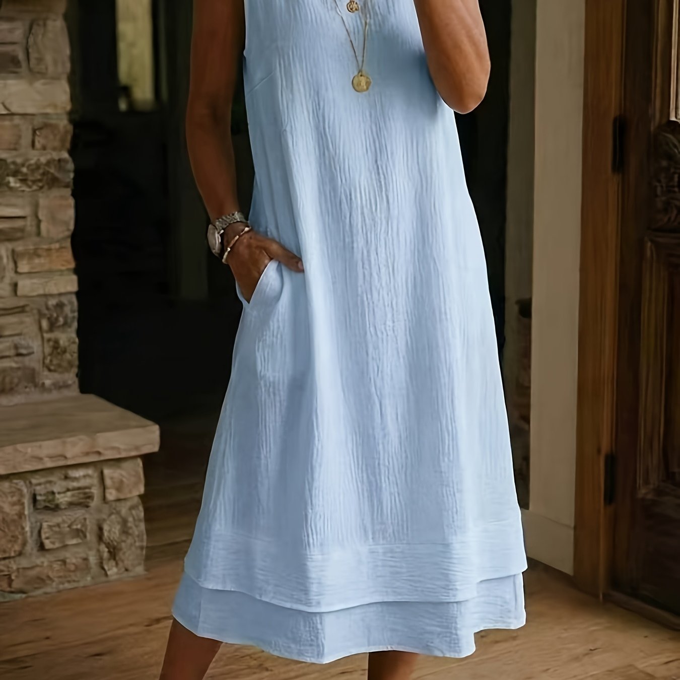 TEMU Plus Size - Summer Fiber Fabric Ruched Sleeveless Dress, Loose Double-layer Hem Midi Dress, Casual All-match Dress
