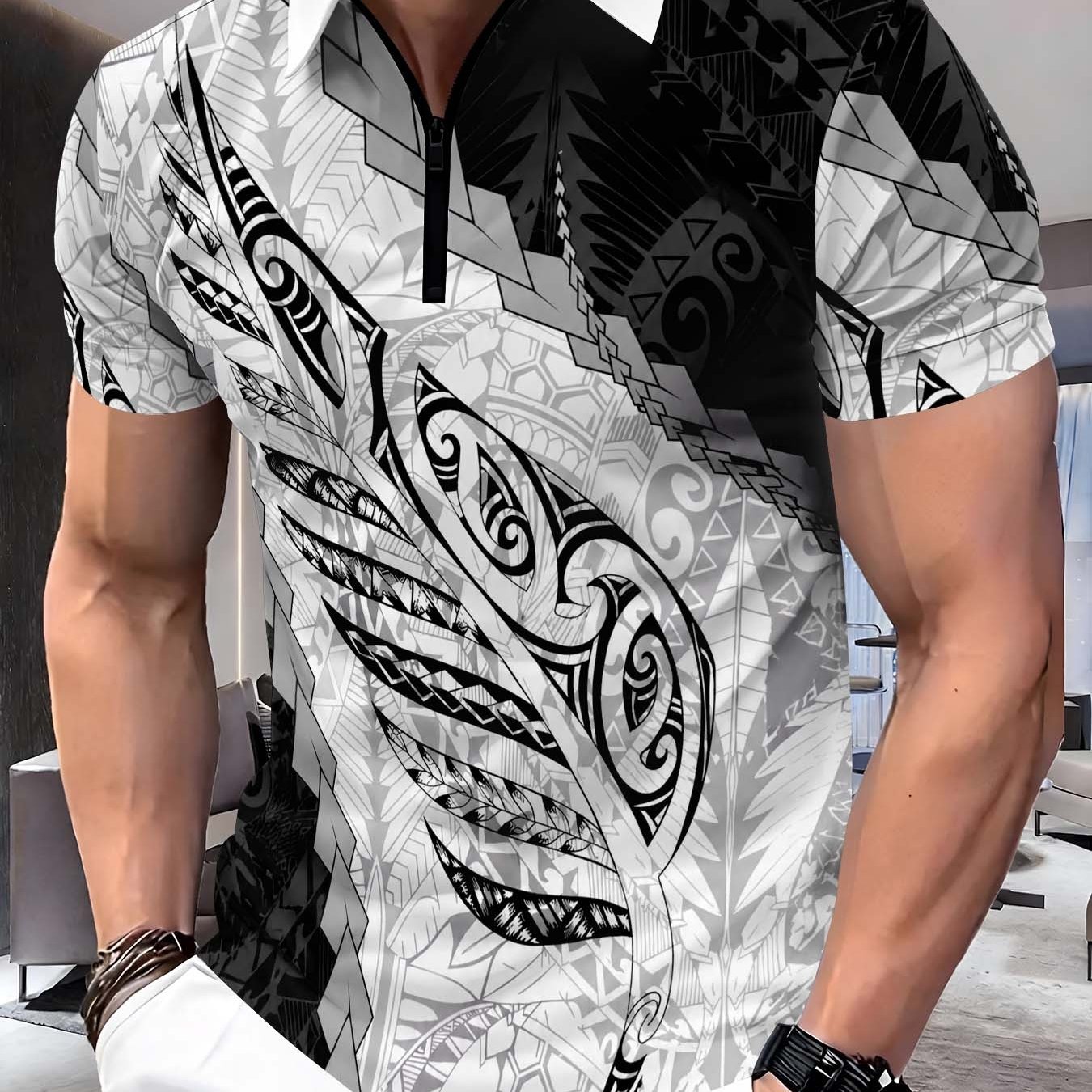 TEMU Men's Printed Short-sleeve T-shirt For Summer , Motorcycle, And Sports, Featuring A Black And White Polynesian Tribal Spiral Feather Totem