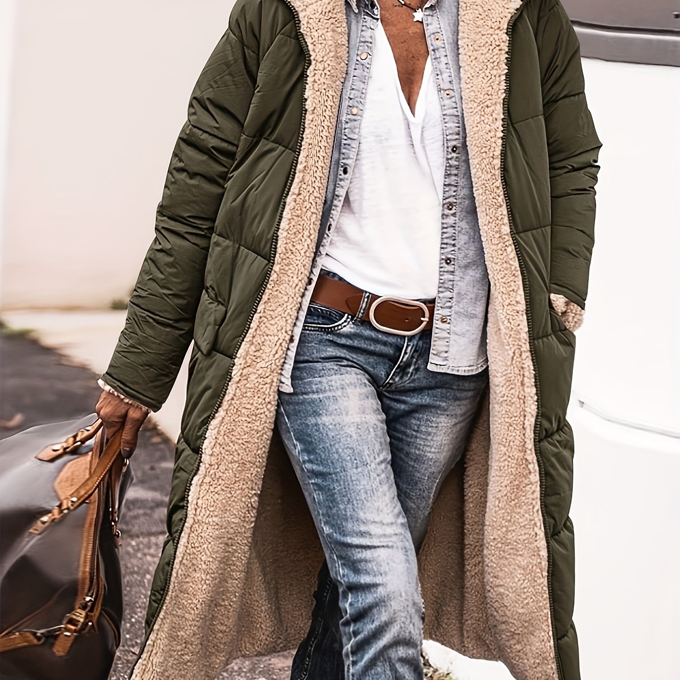 Image of Western Style Coat Lengthened Fleece Thick Double-faced Wear Women's Coat Winter Warm Clothing