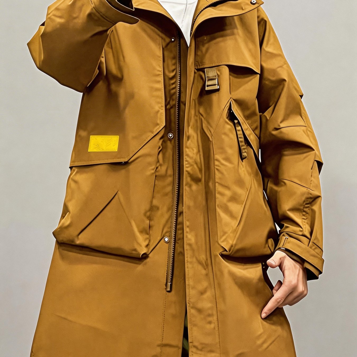 TEMU 2026 Workwear Style Men's Trendy Mid-length Windbreaker Jacket Mountain Outdoor Multi-pocket Workwear Coat, Practical And Fashionable Workwear