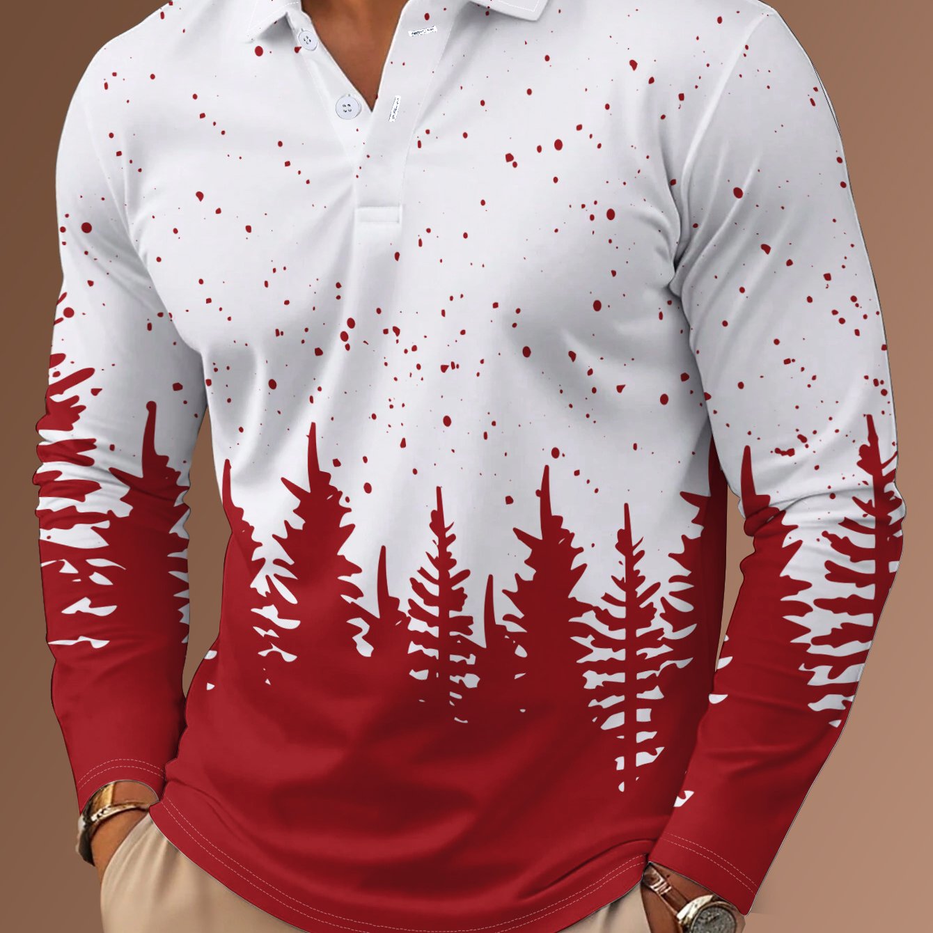 TEMU Men's Casual Long Sleeve Shirt With Christmas Tree Print - Breathable, Stretch Fabric, Button-up Collar, Machine Washable