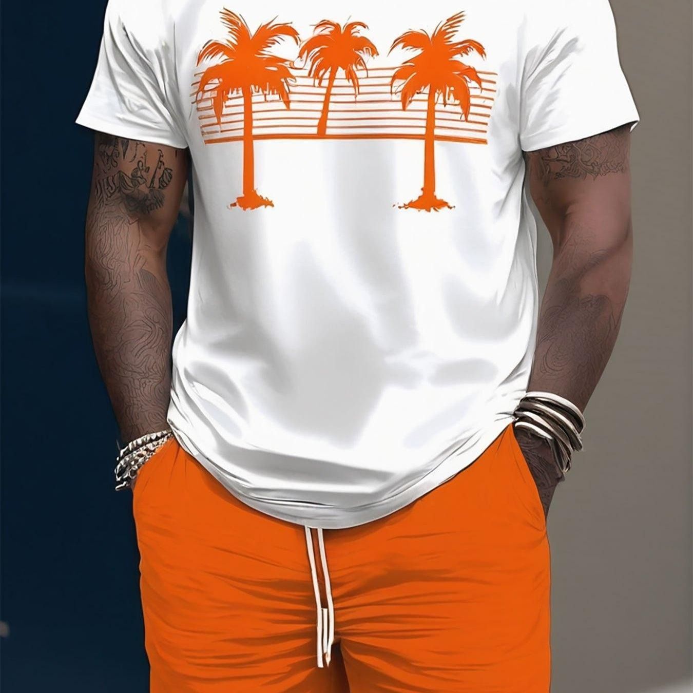 Image of [plus Size Graphic Tee] (single T-shirt, Not Set) White Plus Size Casual T-shirt With Orange Palm Tree Graphic Print - Retro Sunset Design, Loose Fit, Short Sleeve, Perfect For