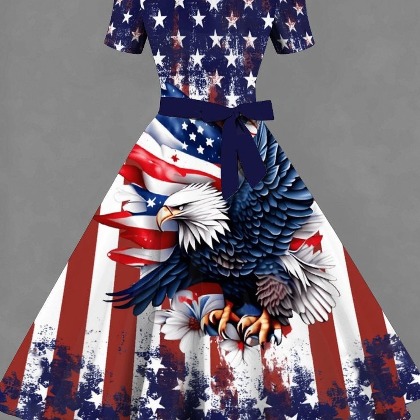 TEMU Spring And Autumn Women's Fashionable And Comfortable Short-sleeve Square-neck Dress Featuring Trendy Print Of Flag. The Stylish Square Neckline