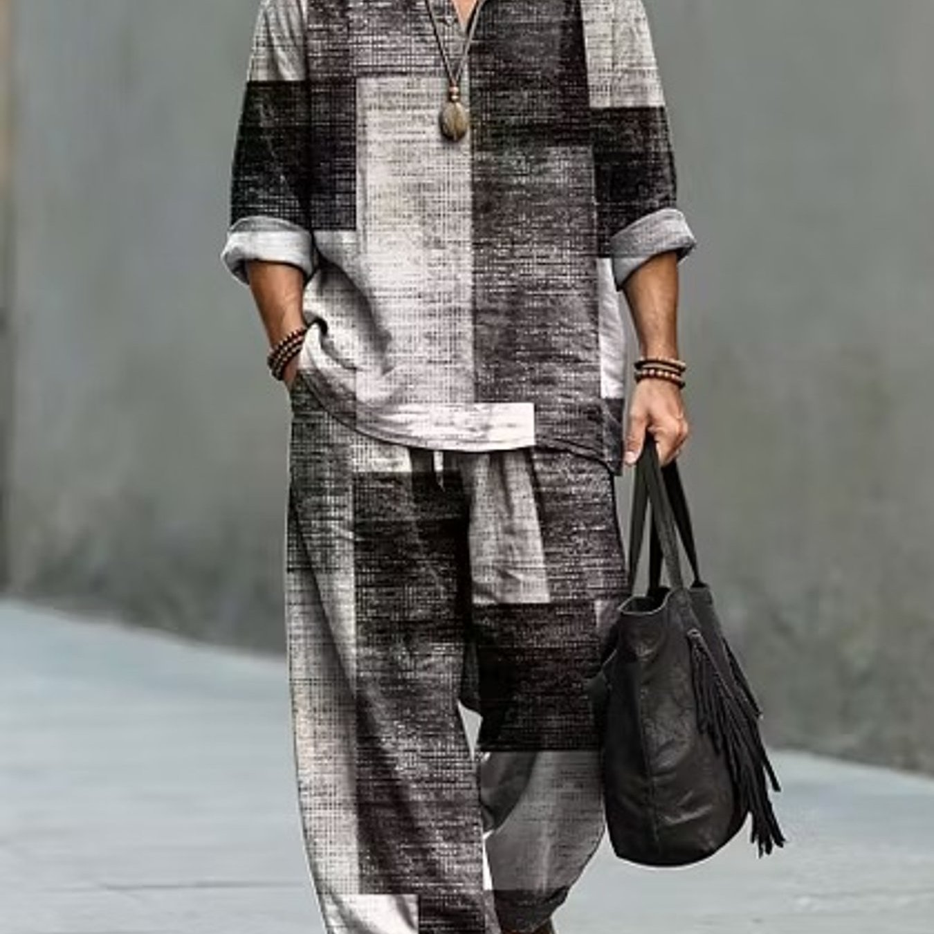 Image of Standard Size Men's Loose Two-piece Set - Men's Fashionable Style - Grid Print Two-piece Set, Holiday Gift For Adult Men, Suitable For Everyday Wear