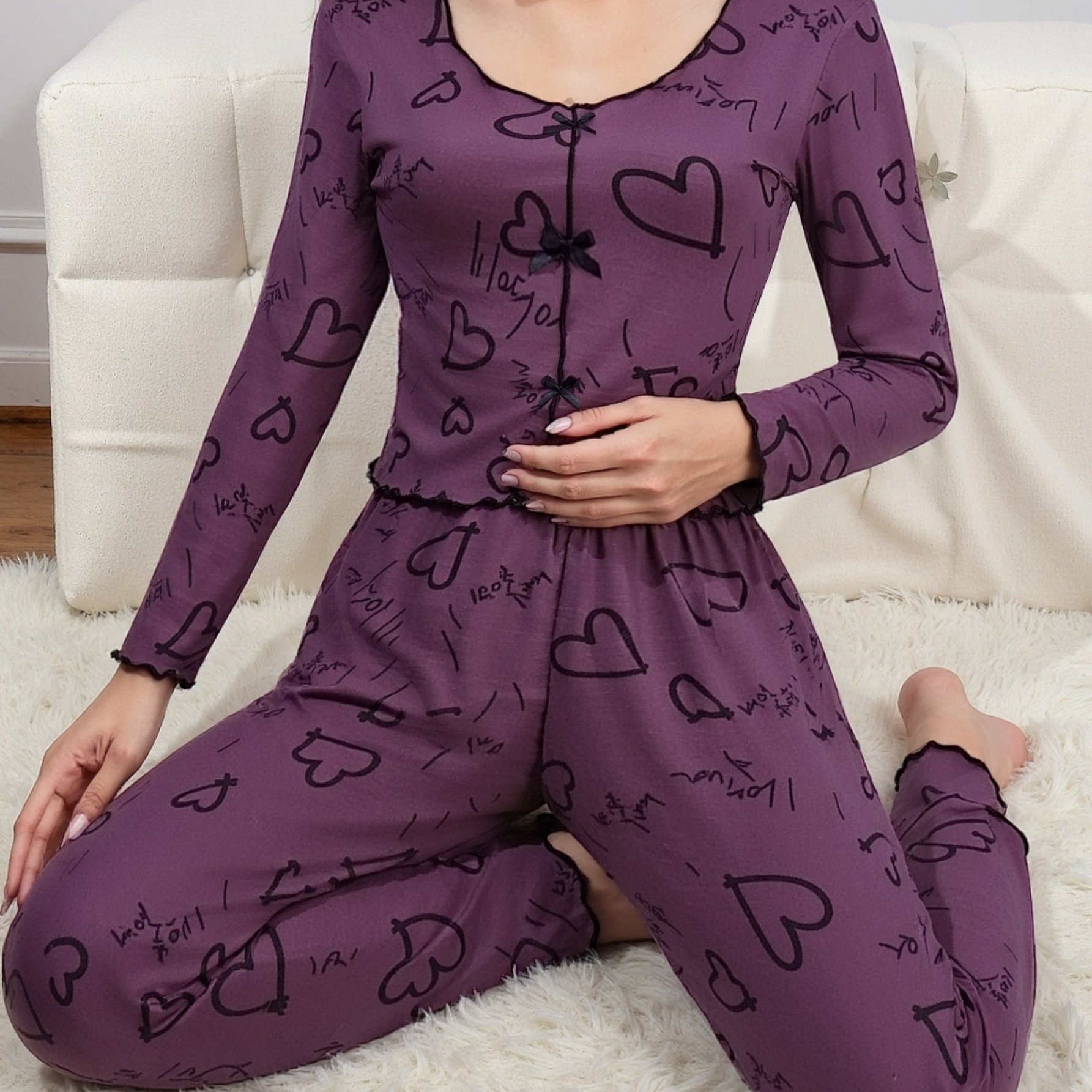 E-shop Frühlings- Herbst-Valentinstag-Herzprint-Pyjama-Set, Damen Casual Bequeme Homewear-Set