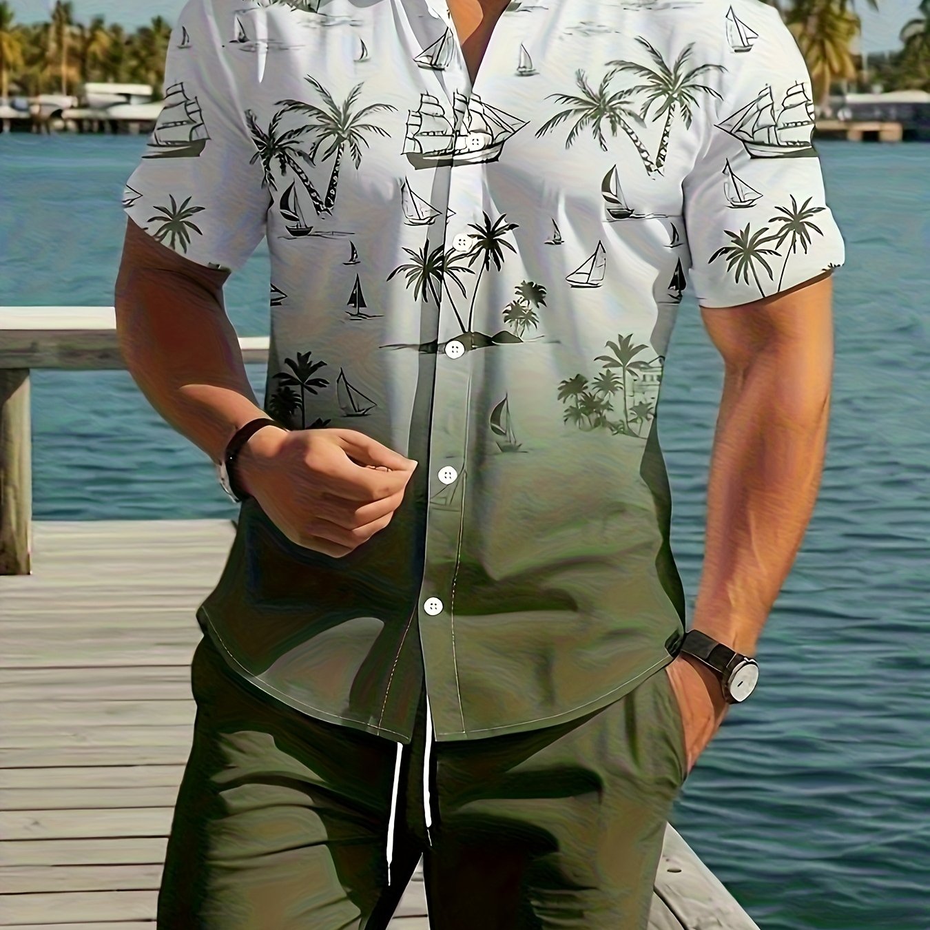Image of Men's Summer Palm Tree Print Collared Shirt Set - Comfortable Short Sleeve With Drawstring Pocket Shorts, New Casual Loose Round Neck T-shirt, Essential For Spring And Summer Daily Wear