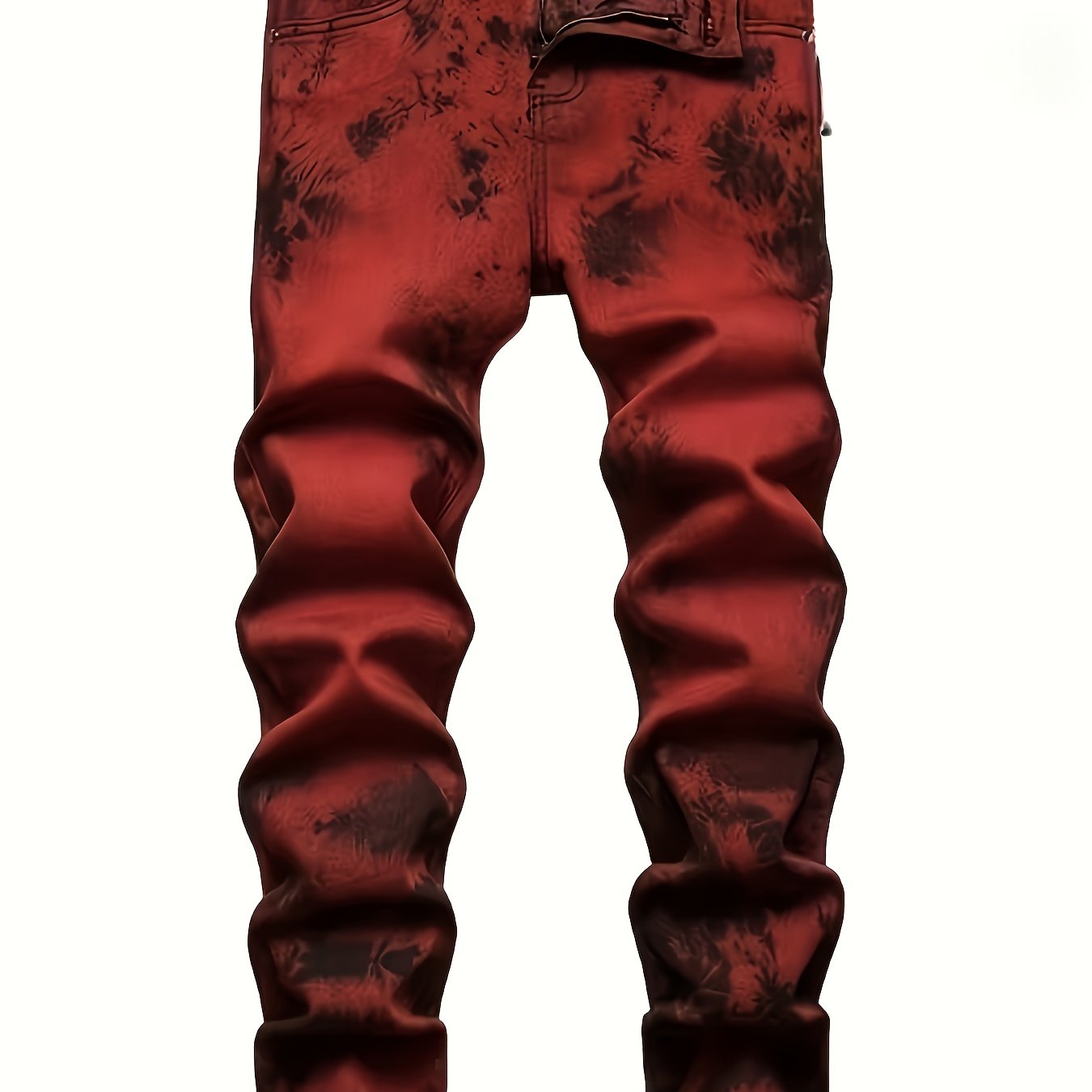 Image of [allsro]men's Flame Red Trendy Denim Pants, Vintage Washed Dyeing, Color Contrast, Mid-rise Slim Fit Straight-leg, Street-style Cool, Suitable For Occasions, Versatile For