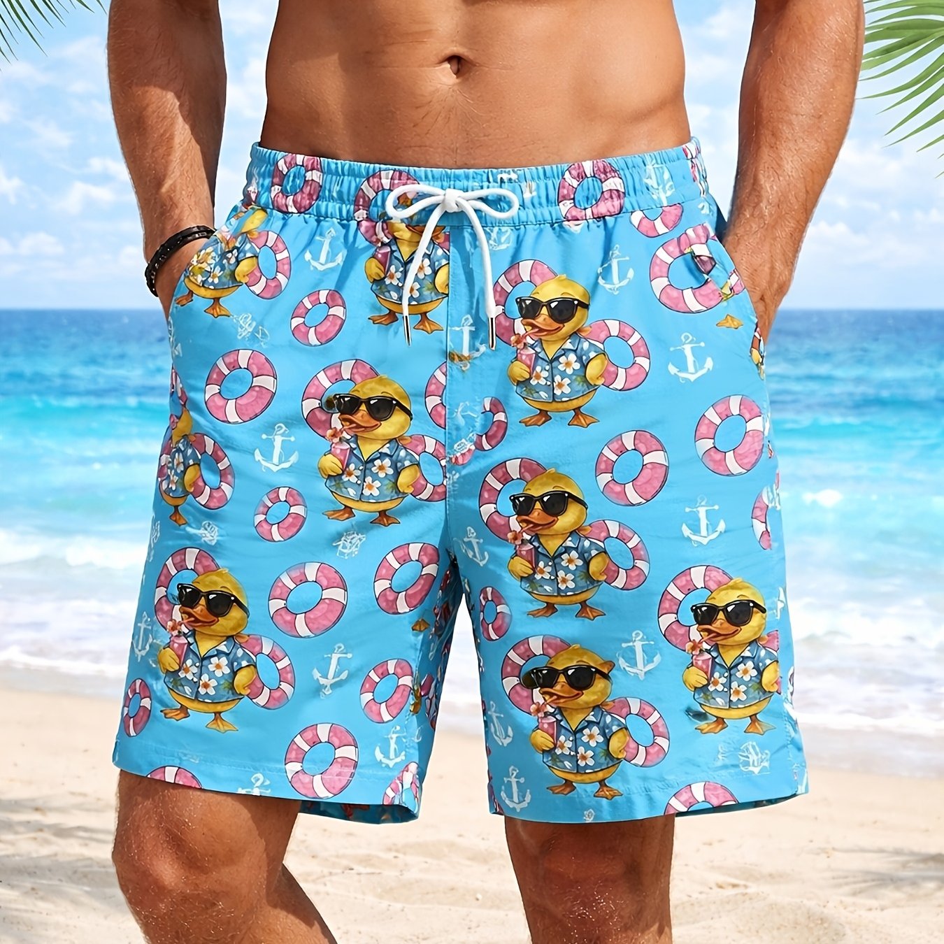 TEMU Men's Duck Print Swim Shorts With Full Duck - Elastic Waist & Drawstring Shorts Suitable For Gifting, Plus Sizes , Machine Washable Casual