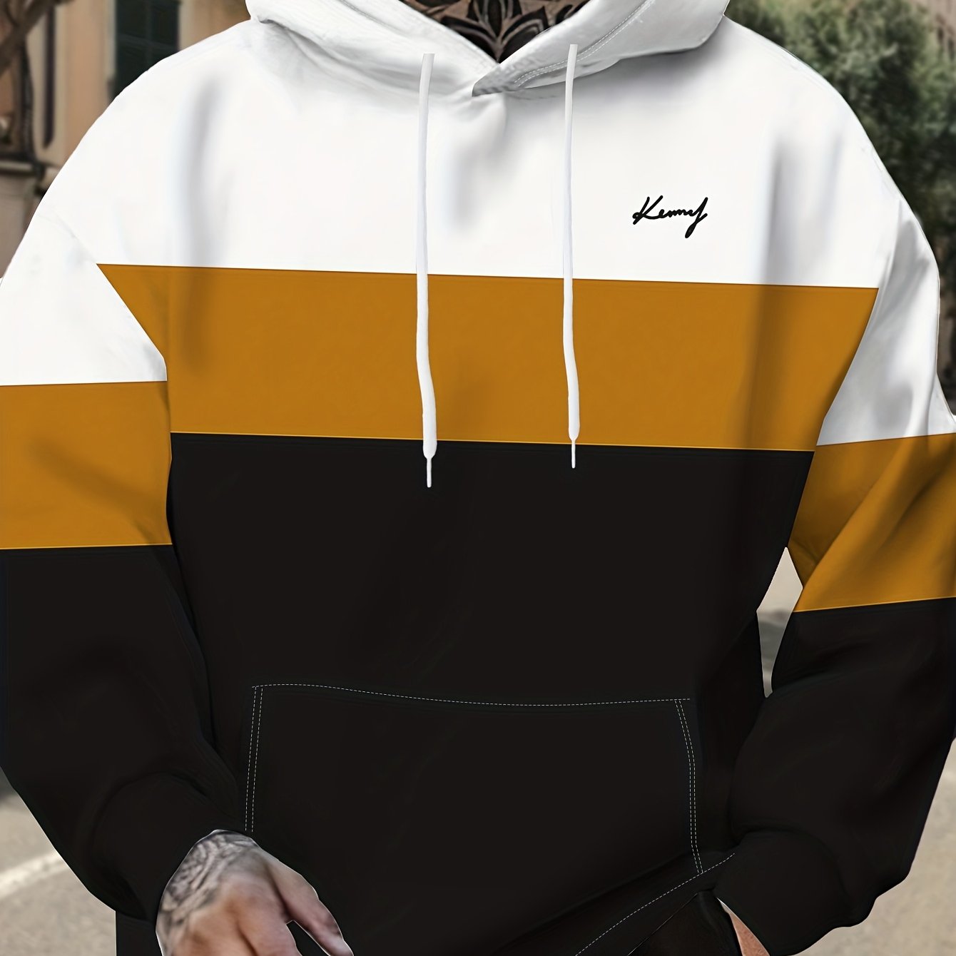 TEMU Men's Oversized Hoodie With Black, White, And Brown Color- Letter Prints, A Trendy Casual Top, Plus Size