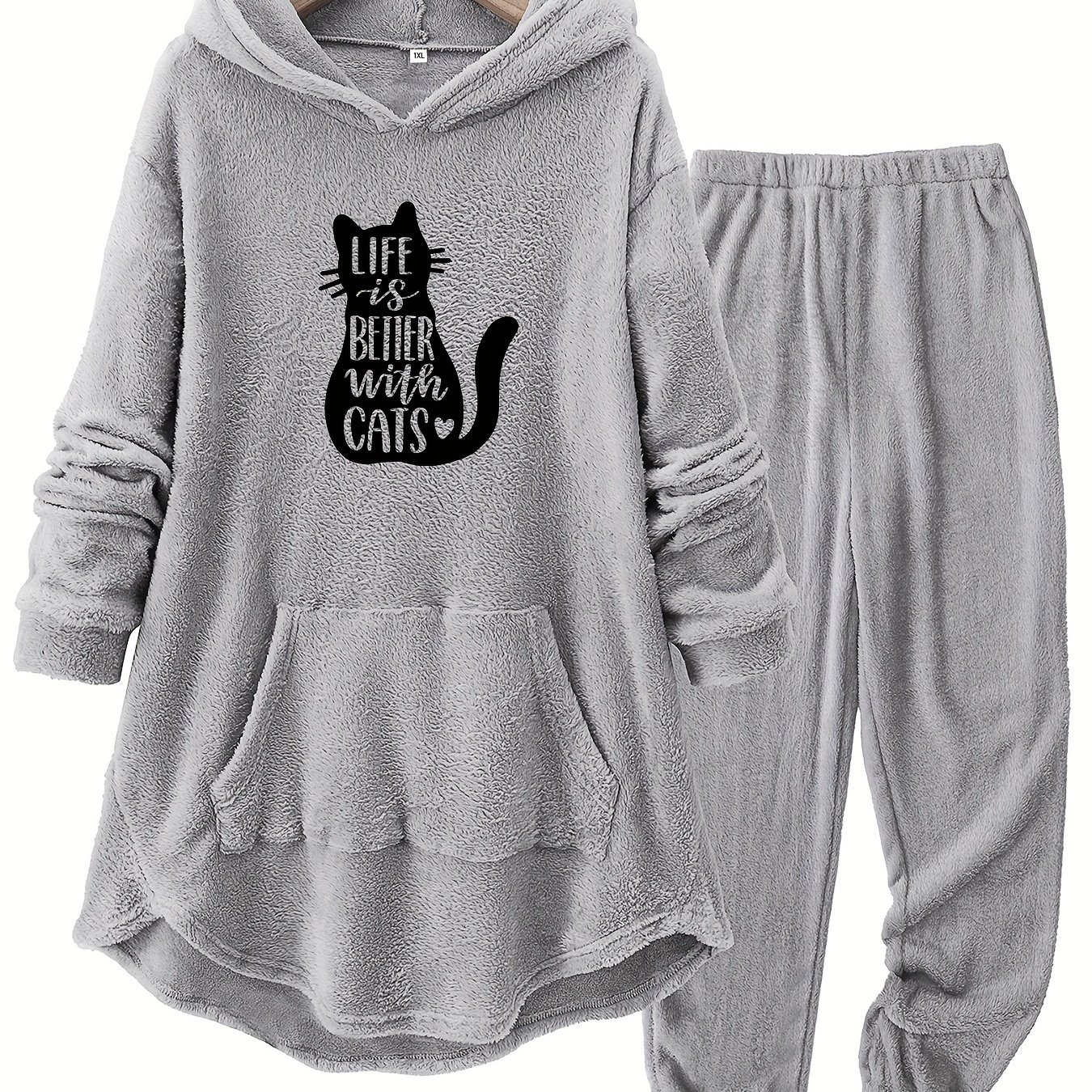 TEMU Plus Size - Plus Size - Plus-size Women's Black Cat Letter Print Autumn And Winter Loungewear Thick Fleece Set