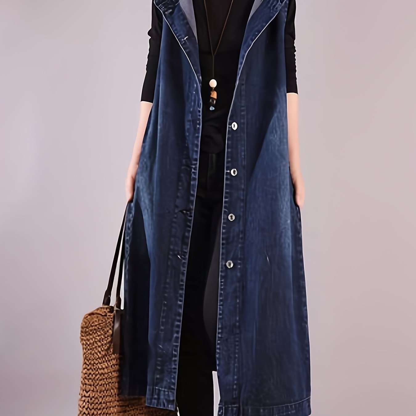 TEMU Denim Vest Long Hooded Loose Fit Denim Coat Spring Autumn Ladies