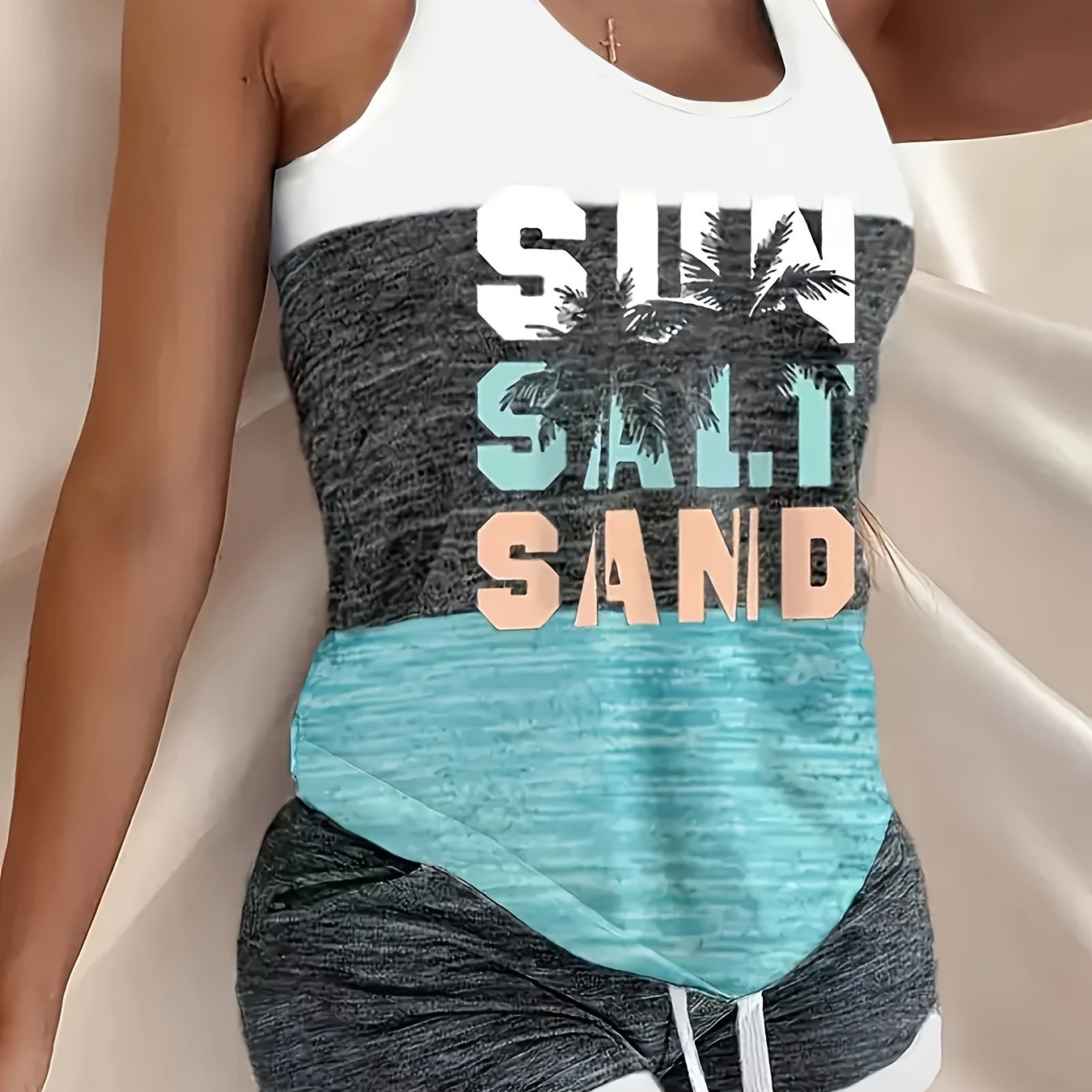 Women's Casual Tank Top & Shorts Set - "silhouette Sand" Print, Polyester, Crew Neck, Sleeveless, Spring/summer Fashion, Beach Attire|trendy Casual Attire|polyester Fabric