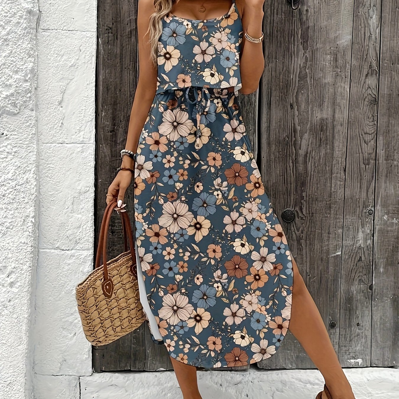 Image of Summer New Women's Casual Floral Print Self-tie Waist High Slit Camisole Midi Dress