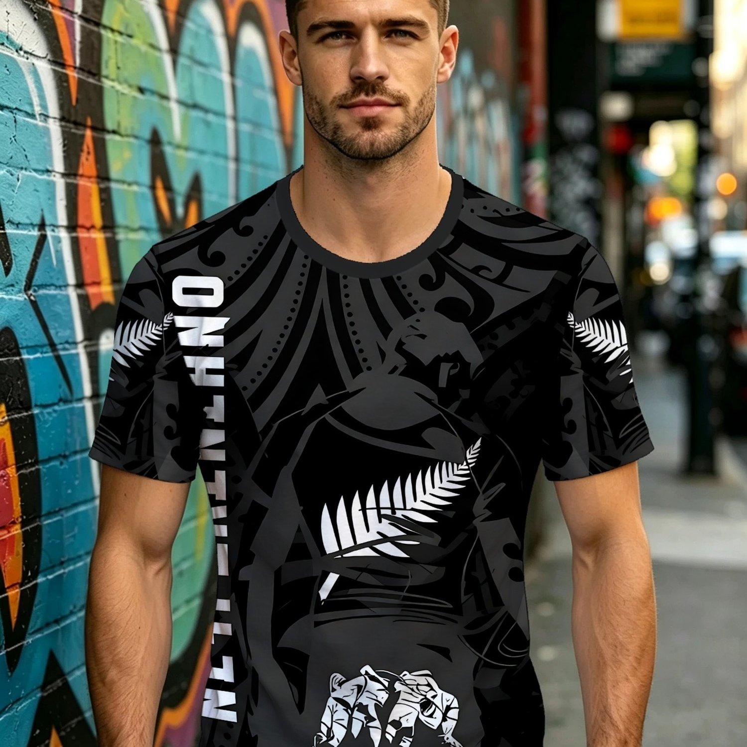 TEMU [printed Design- Not Textured] Men's Casual T - Shirt, New Zealand Style Tribal Graphic Design, Casual Sports Short Sleeve Top For Daily Wear,