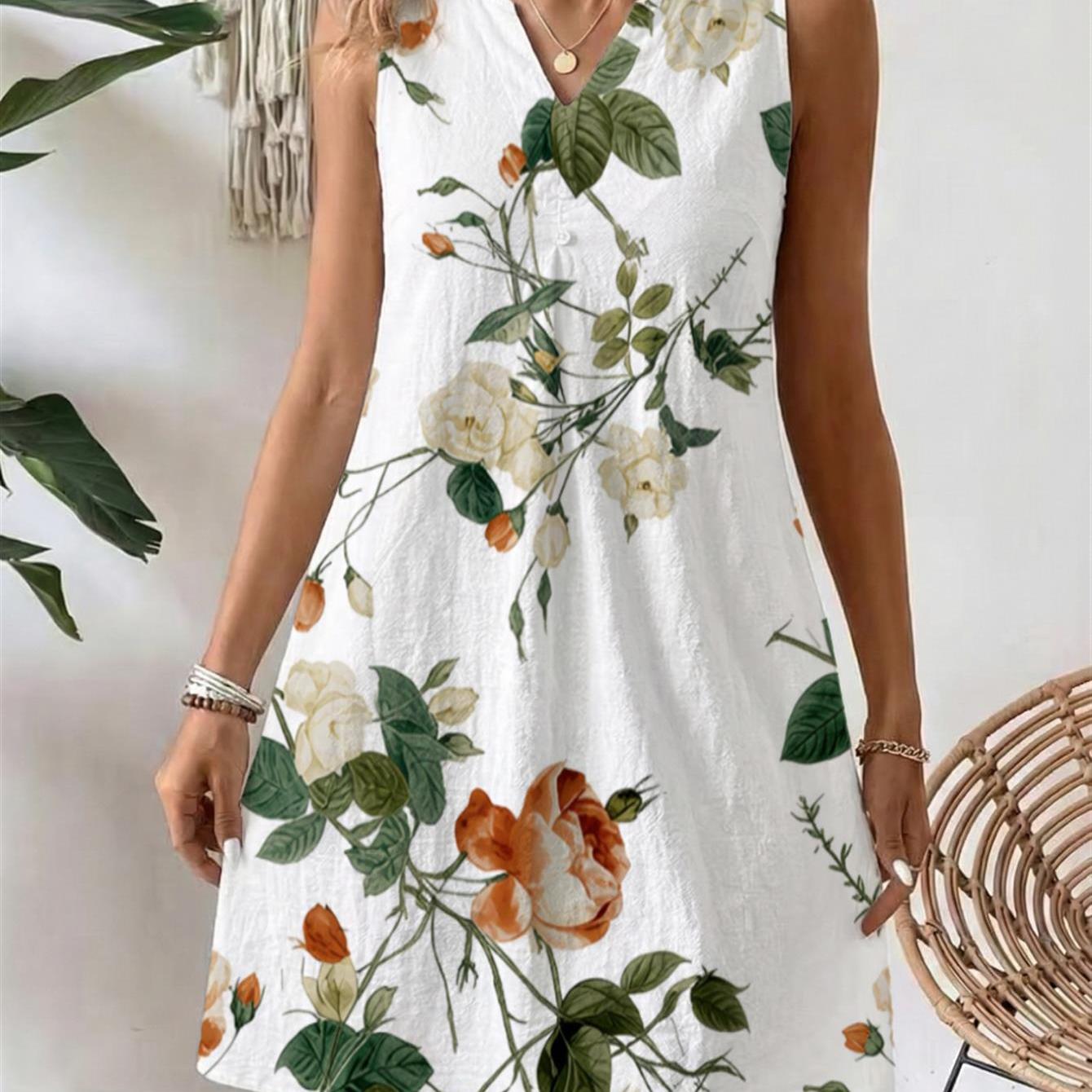 Image of Women's Elegant Short-sleeve V-neck A-line Dress - Small V-neck Style Dress With, Loose Fit Mid-length Dress Suitable For , Cream & Soft Orange Floral Print On White, Hand Washable For Church Weddings