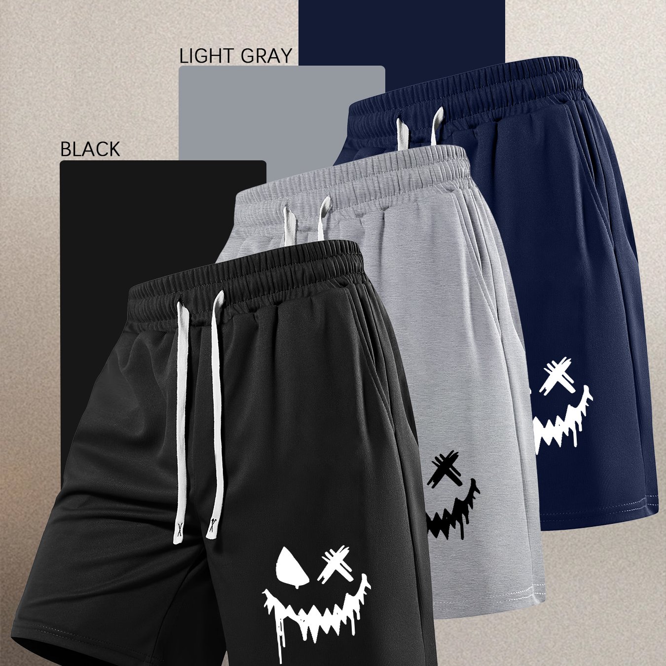 TEMU Three-pc Men's Casual Minimalist Style Comfortable Shorts, Summer "eerie Smile" Print Outdoor Leisure Pocket Drawstring Shorts, Classic Fashion