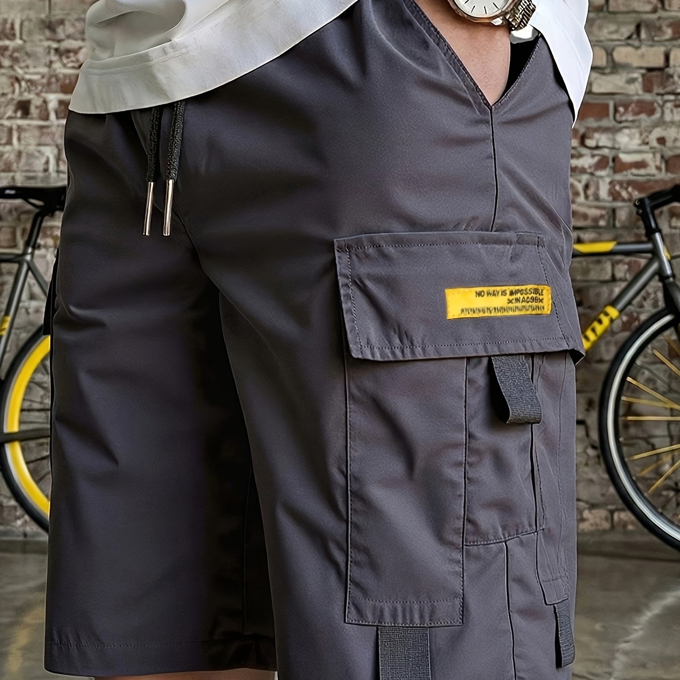 TEMU Men's Summer Multi-pocket Cargo Shorts, European Size Casual Shorts, Outdoor Sports Shorts, Polyester Fabric, Drawstring Waistband, Multi-pocket