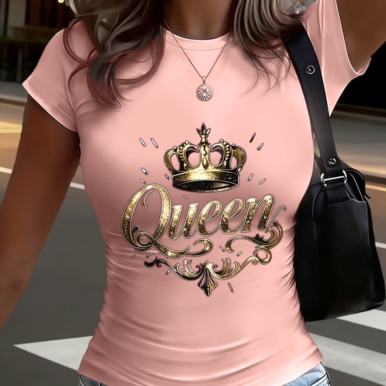 TEMU 1pc Crown Print Short Sleeve T-shirt, Fashionable Design Showcasing Style, New Summer Y2k Style Women's Casual Sportswear, Slim -cinching Trendy