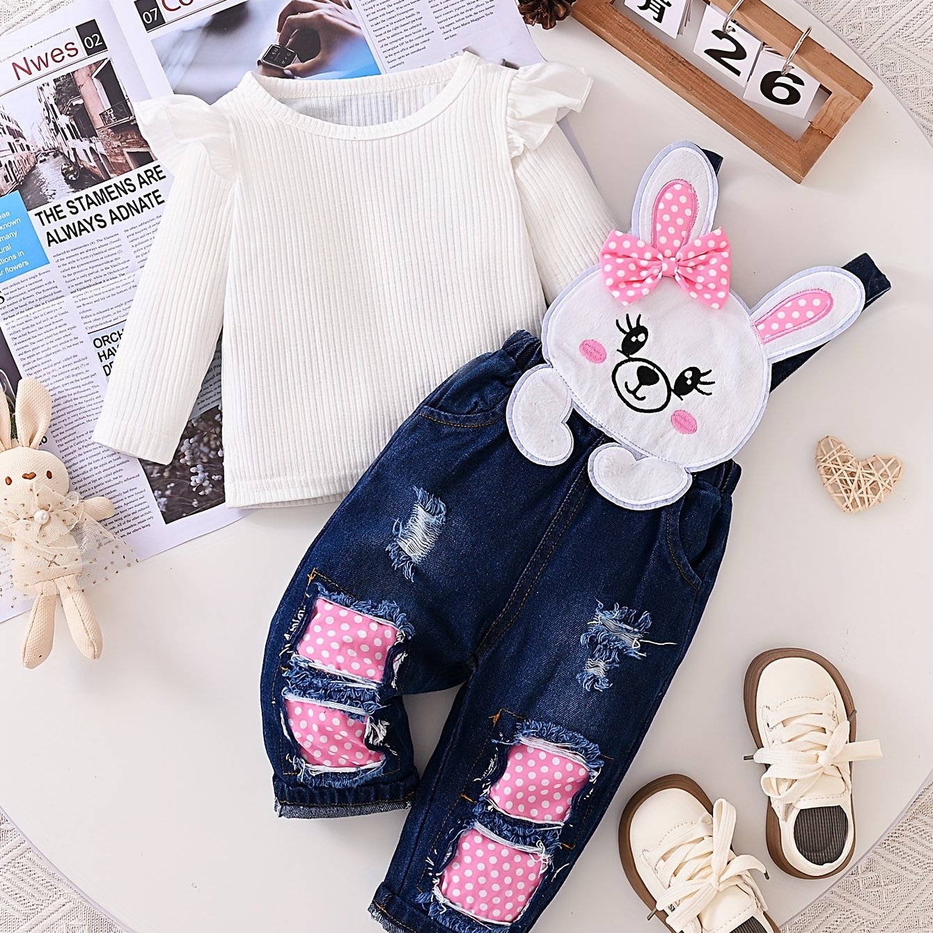 Image of Girls' Spring/autumn Casual Denim Overalls Long Sleeve Set, Perfect For Outdoor