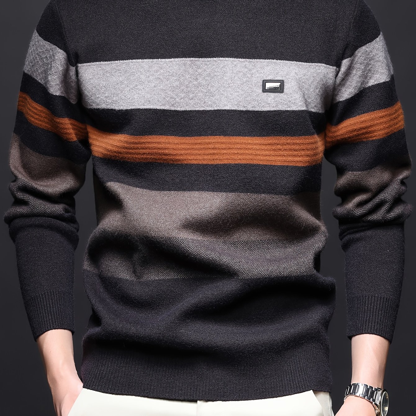 TEMU Pull épais à rayures pour homme, automne-hiver, logo brodé, col rond, pull en tricot, haut décontracté