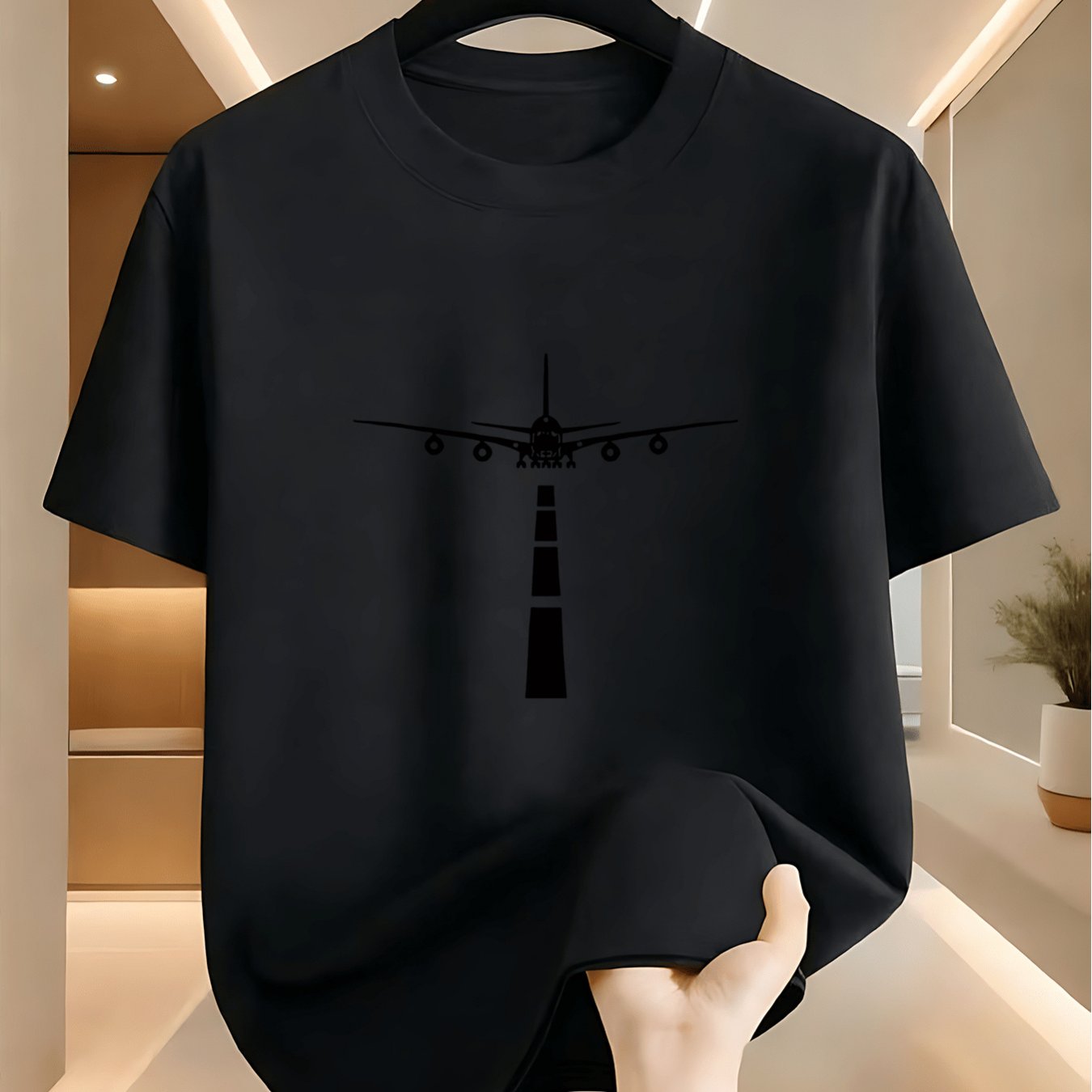 TEMU Men's Aviation-themed T-shirt With Airplane Print - Black & , Round Neck Casual Shirt Suitable For Casual Attire, Travel & Parties, Machine