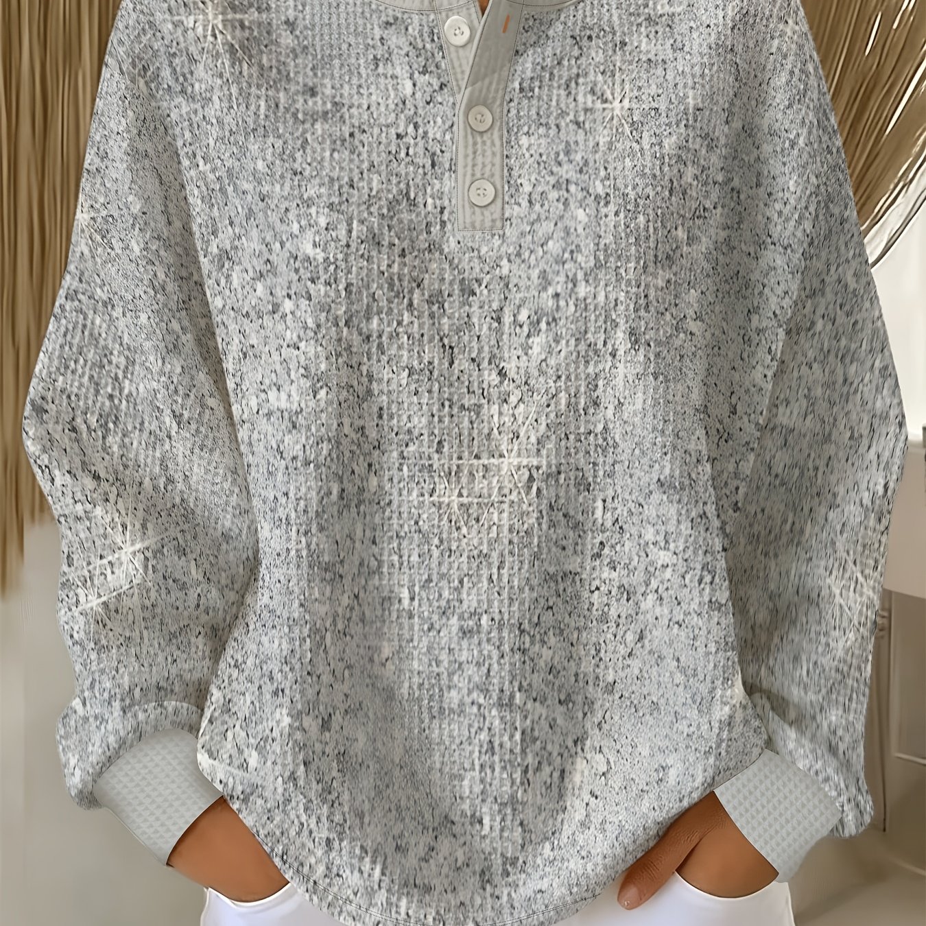 TEMU Women's Waffle Henley Collar Button-long Sleeve Top Light Gray Starlight Easy Printed Casual Pullover Sweater