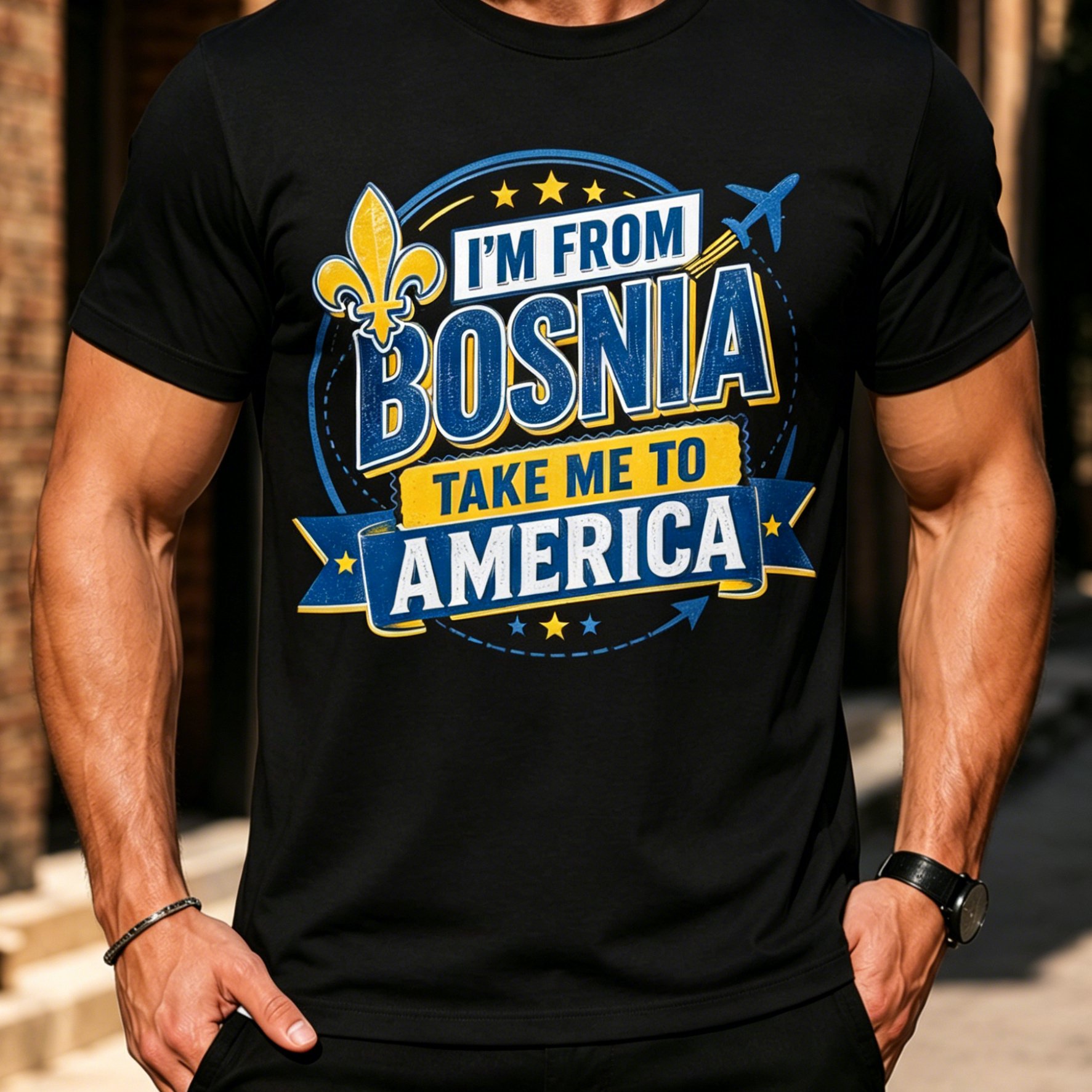 TEMU T-shirt - Casual Crew Neck T-shirt With A Bosnian Emblem Featuring A Bosnia Map Pattern And An Airplane Ribbon In Blue And Scheme. In Black And