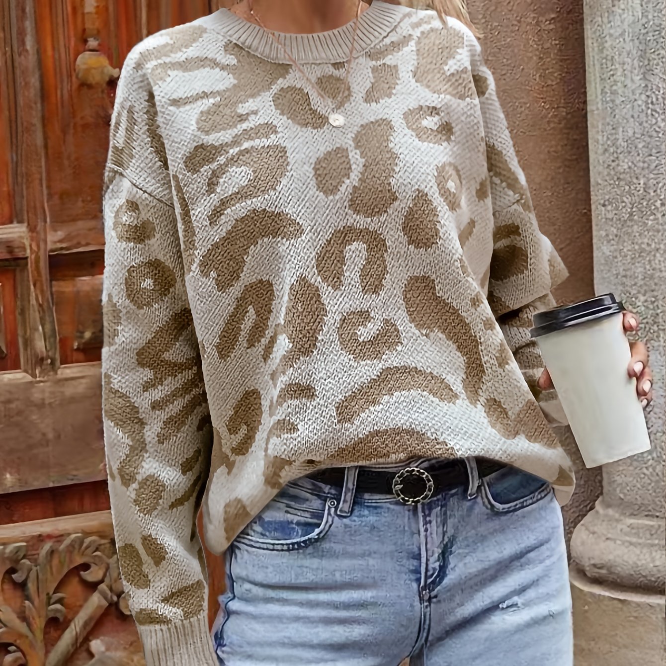 Leopard Print Sweater, Classical Style, Acrylic, Round Neck Long Sleeve, Comfortable For Autumn And Winter
