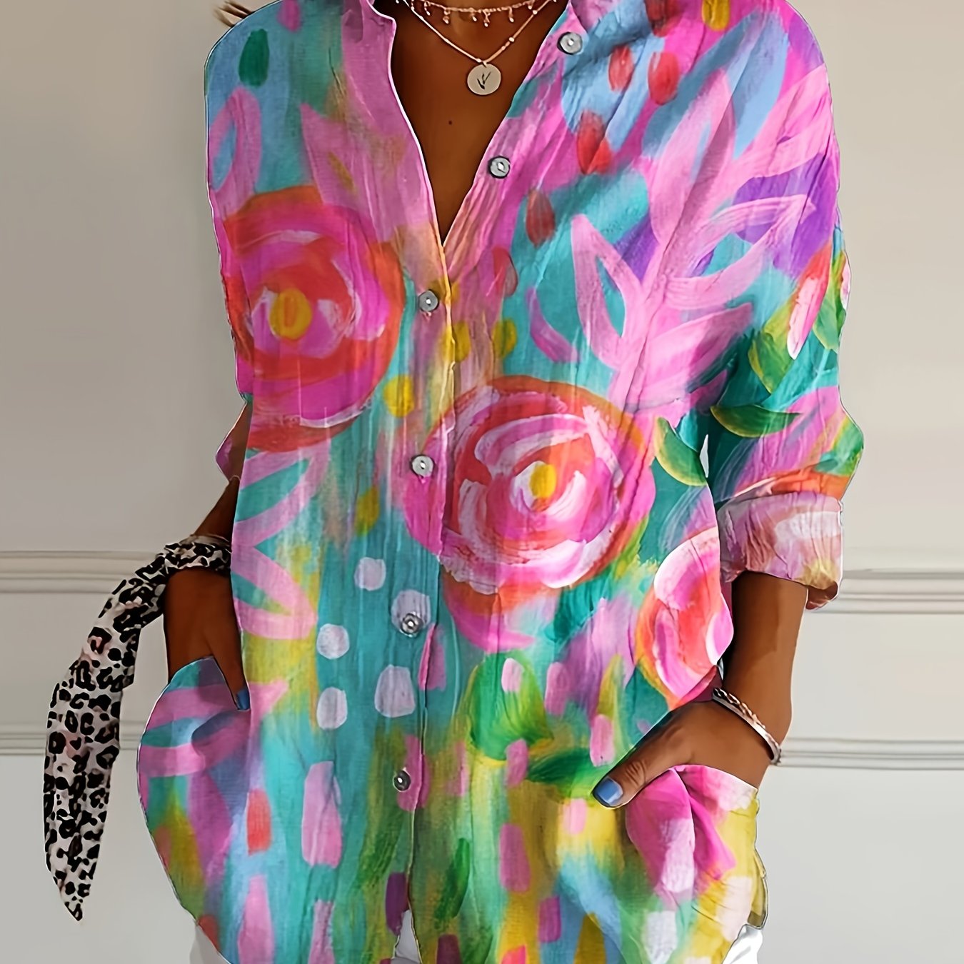 Stylish Women's Colorful Shirt - Single-breasted Long Sleeve Turn- Collar Top - Suitable For , Outing And Office Wear