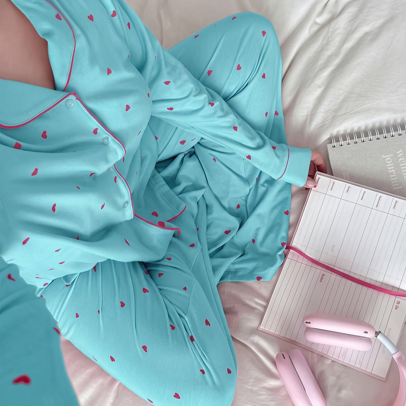 TEMU Women's Pajama Set, Viscose Modal Comfortable And , Heart Print Long Sleeve And Pants Set