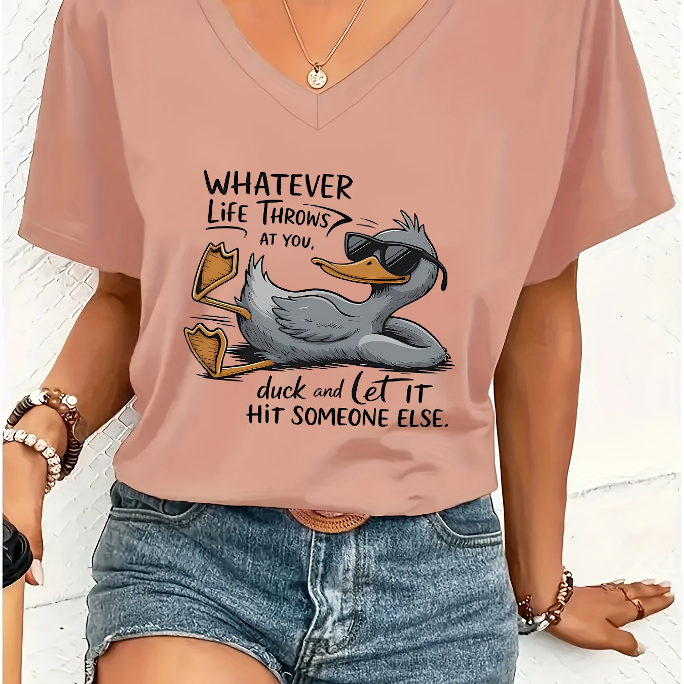 TEMU 1pc Stylish Women's V-neck Short-sleeve T-shirt Made Of, Featuring A Suitable For , With A Trendy And Cute Print Of A Lying With Glasses