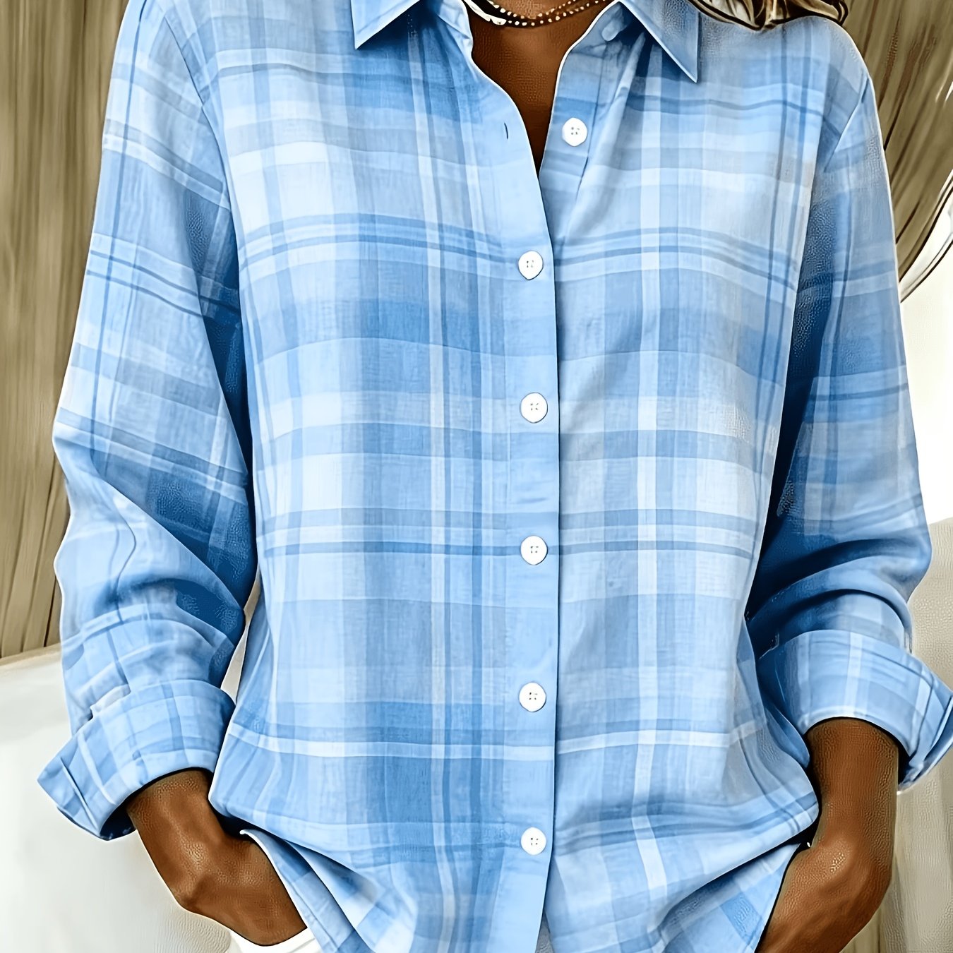 TEMU Elegant Special Edition Women's Printed Shirt - Long Sleeve Button-up, Classic Collar, Suitable For Office, Commute, Or Formal Events, Office