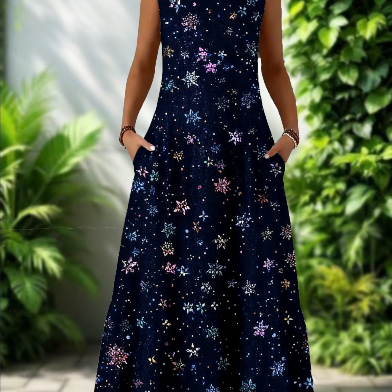 Plus Size - Plus Size - Plus Size Elegant Black Floral Print Sleeveless Dress | Breathable Fabric, , Loose H-cut, Medium To Long Length, For , Round Neck, Durable Material, Women's Fashion