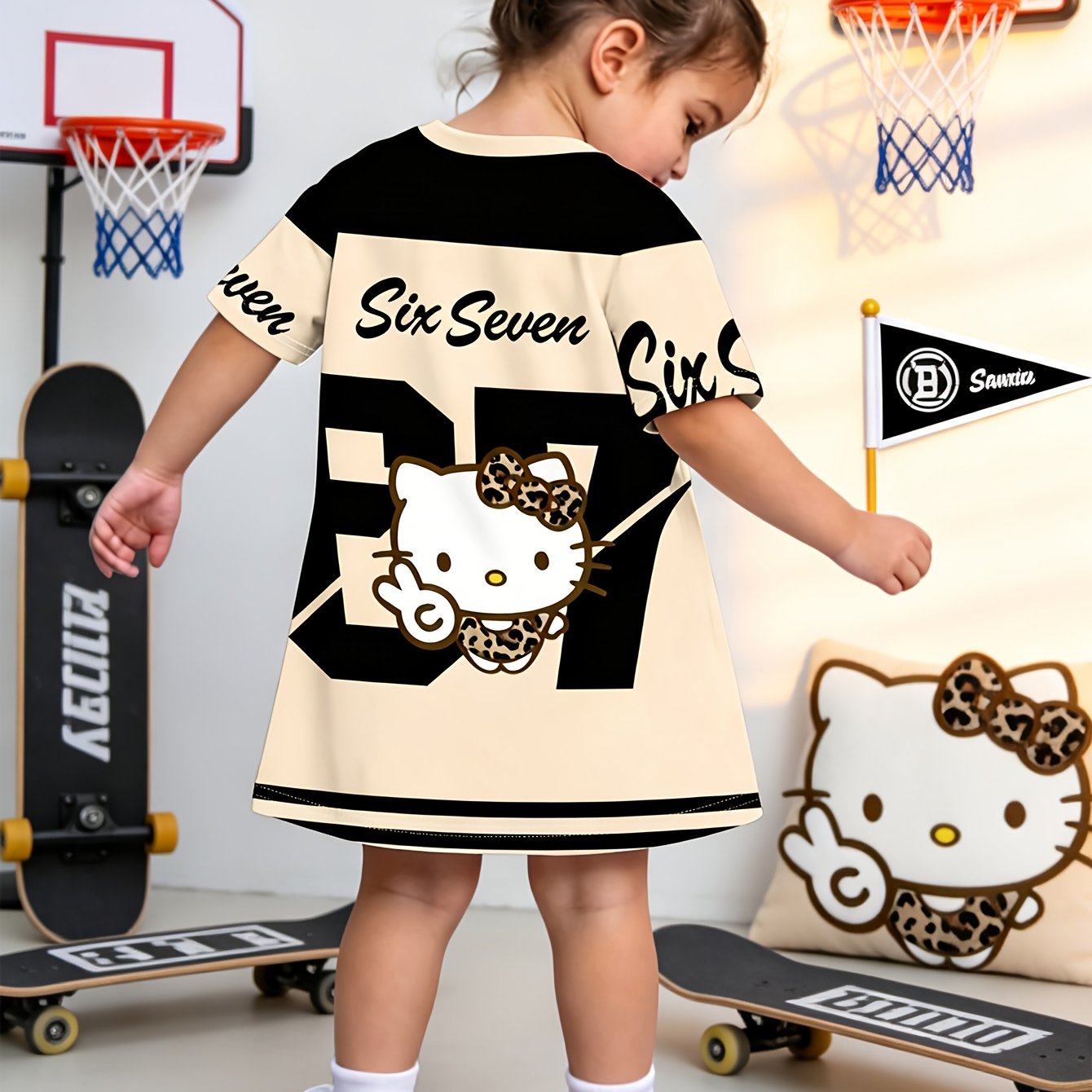 Image of /summer - Hello Kitty Cute Print Short Sleeve Dress, Girls' Toddler Outing Dress, -friendly Fabric, Round Neck Short Sleeve Dress - Toddler Outerwear, Sweet Girls' Clothing, Colorful Exquisite Print