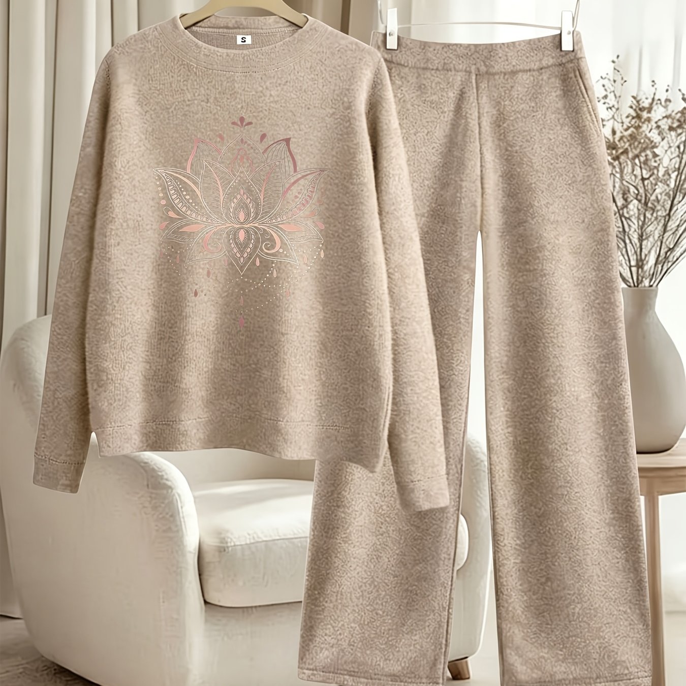 TEMU New Arrival Women's Fall Winter Thick 2pcs Outfit, Printed Loose Crew Neck Pullover Top Straight Leg Pants Set, Fashion Casual Long Sleeve Warm