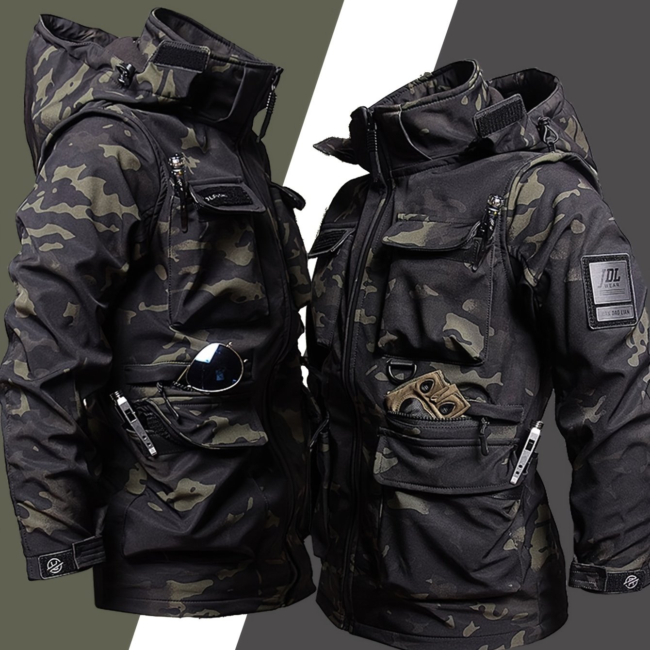 Men's Casual Jacket Workwear Hooded Multi Pocket Jacket, Fleece Autumn And Winter Jacket, Warm Zipper Outdoor Hunting Jacket