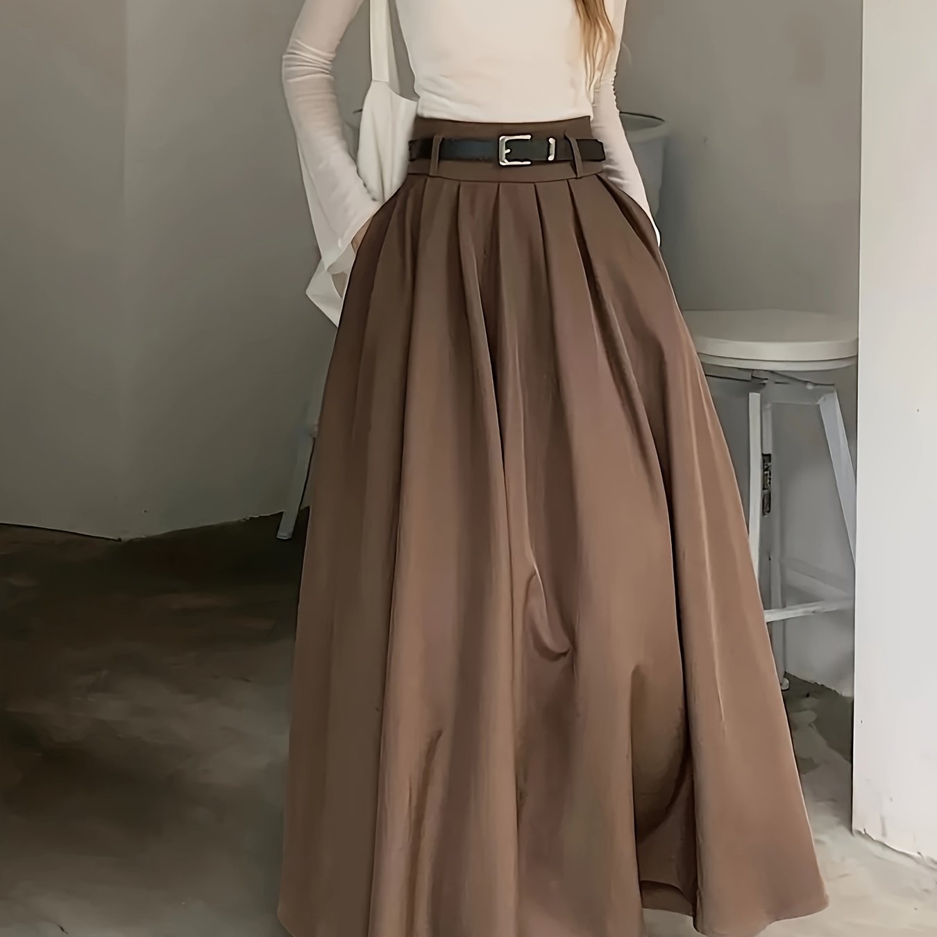 E-shop High-Waist-A-Linien-Rock für Damen mit Schmaler Saum und , Kein Gürtel Nötig, Maschinenwaschbar in Einfarbigem Design für Frühling/Sommer,