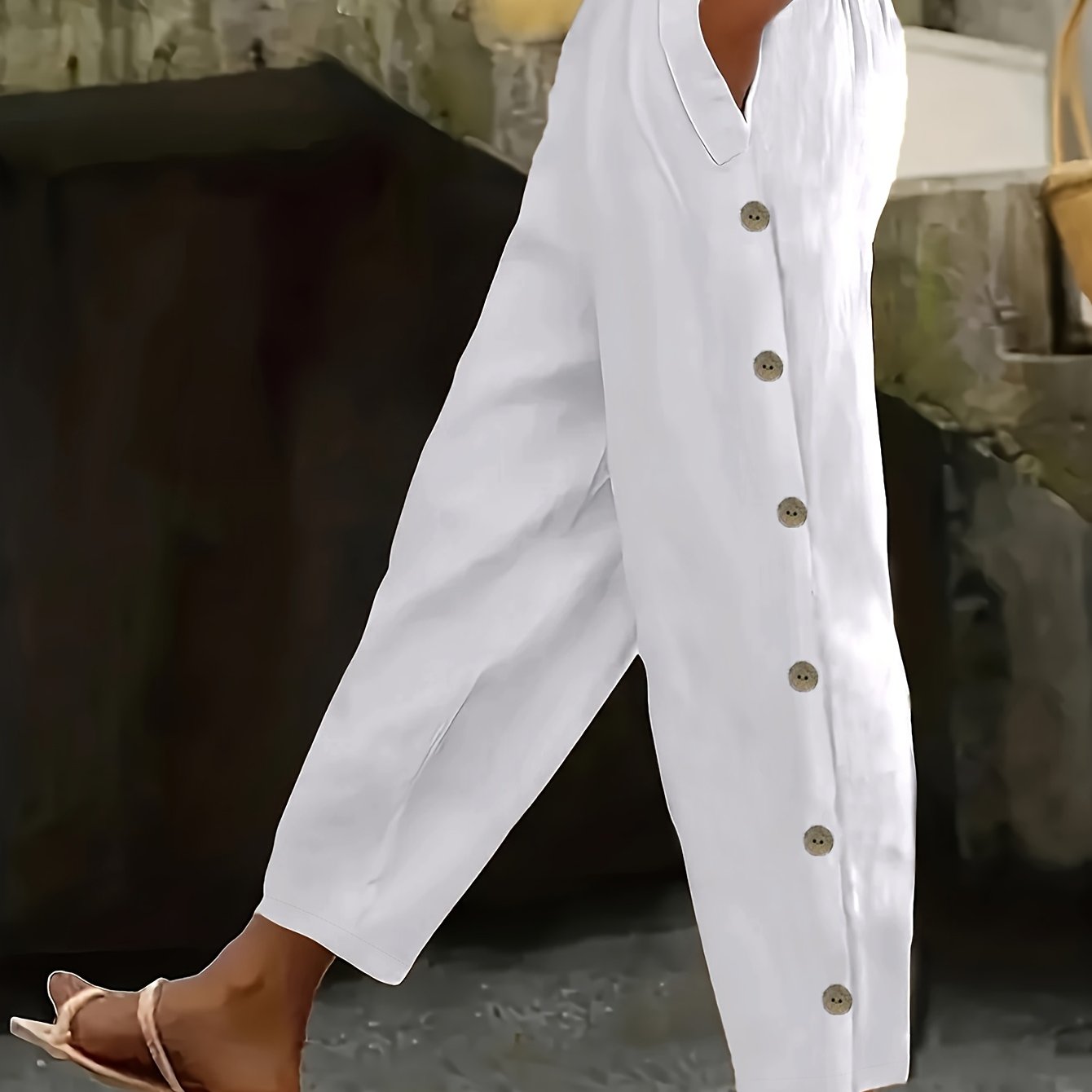 Solid Multi-button Fashion Casual Trousers For Women
