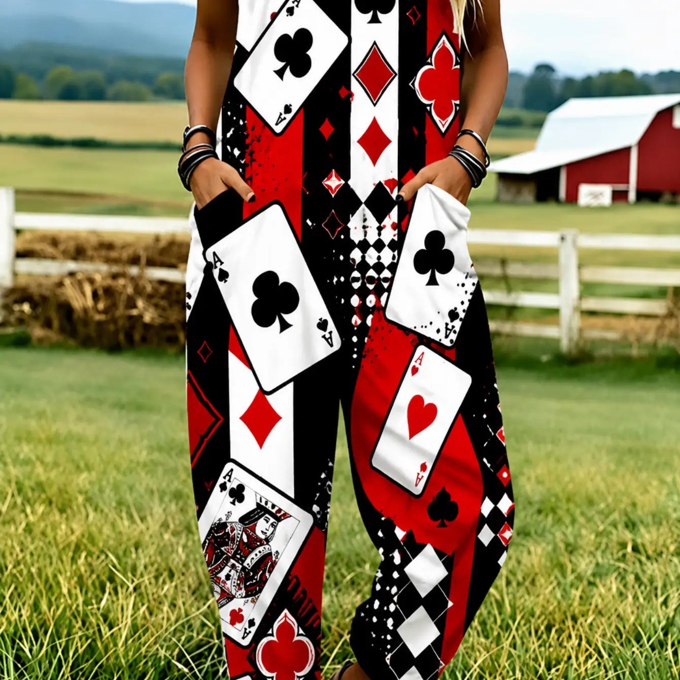 Image of Women' Size Overall Jumpsuit, Size S-2xl Playing Card Pattern Clothing Machine Washable Loose-fitting Overalls Suitable For Daily Wear And , An Ideal Gift For .