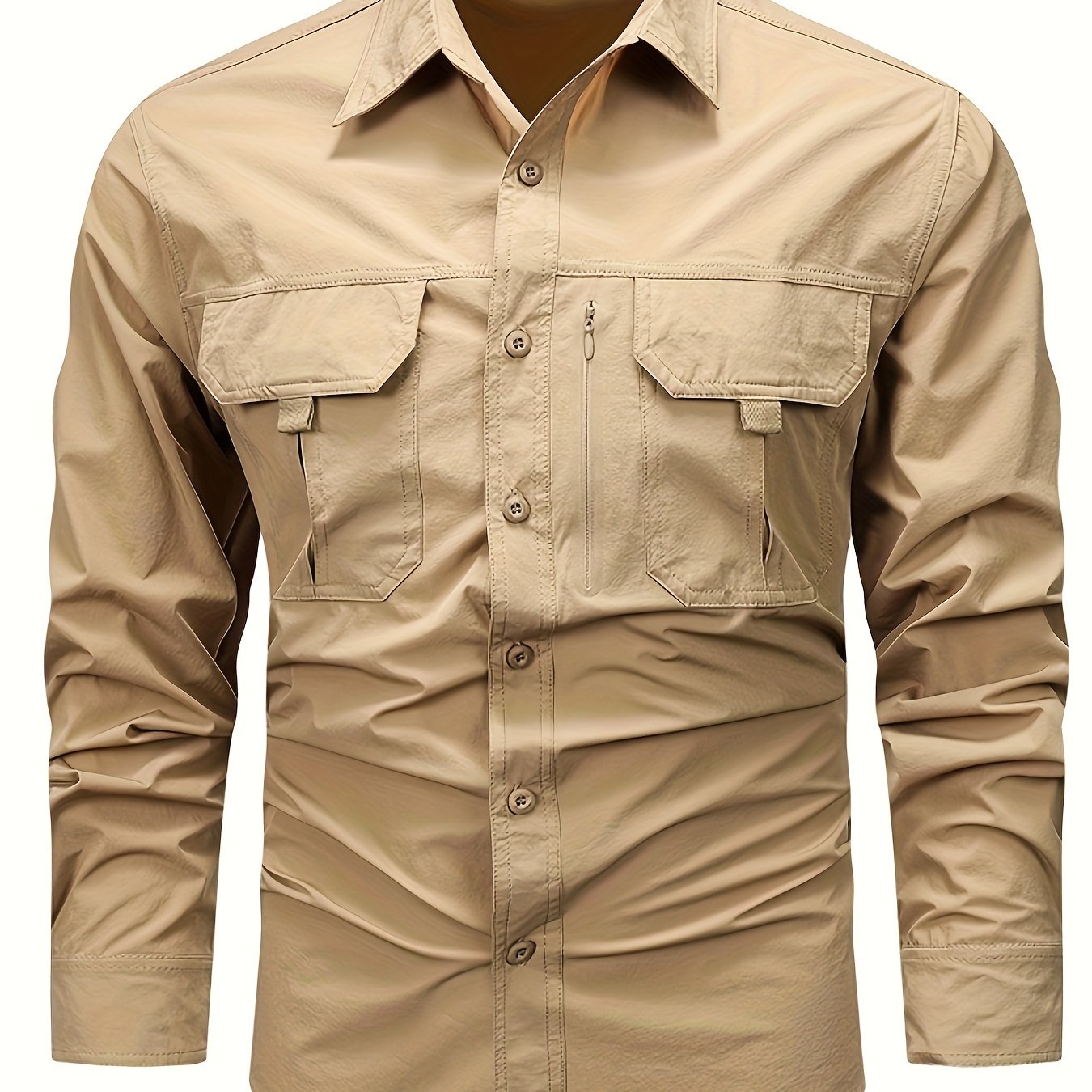 TEMU Spring And Autumn New Elastic Quick Drying Long Sleeve Shirt Men's Outdoor Leisure Sports Multi-pocket Cargo Shirt Thin, Hunting, Casual