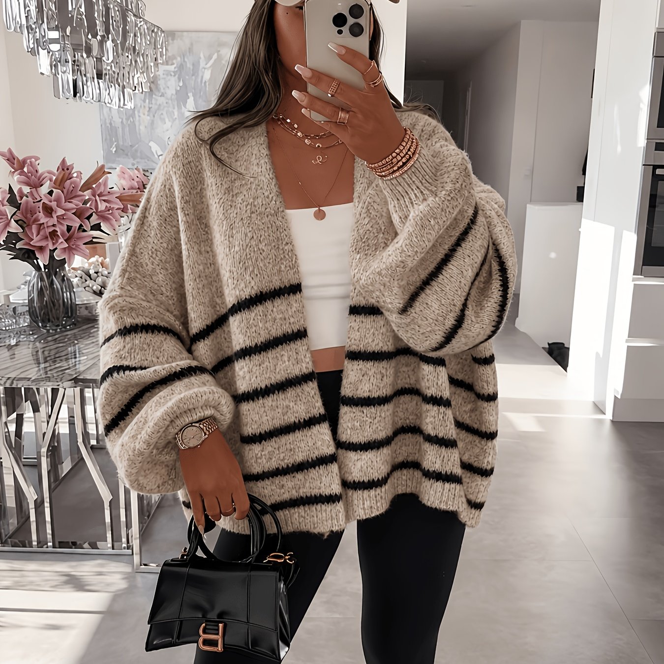 TEMU Cardigan pull à manches longues pour femme, rayé, vintage, style de navetteur, décontracté, polyvalent, à de couleur