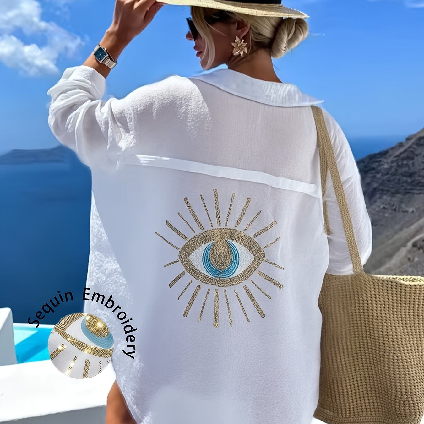 TEMU A Women's Long-sleeve Shirt Featuring A Loose Fit With Sequin Embroidery Of An Evil , Perfect For Casual Wear Throughout , Summer, Autumn, And