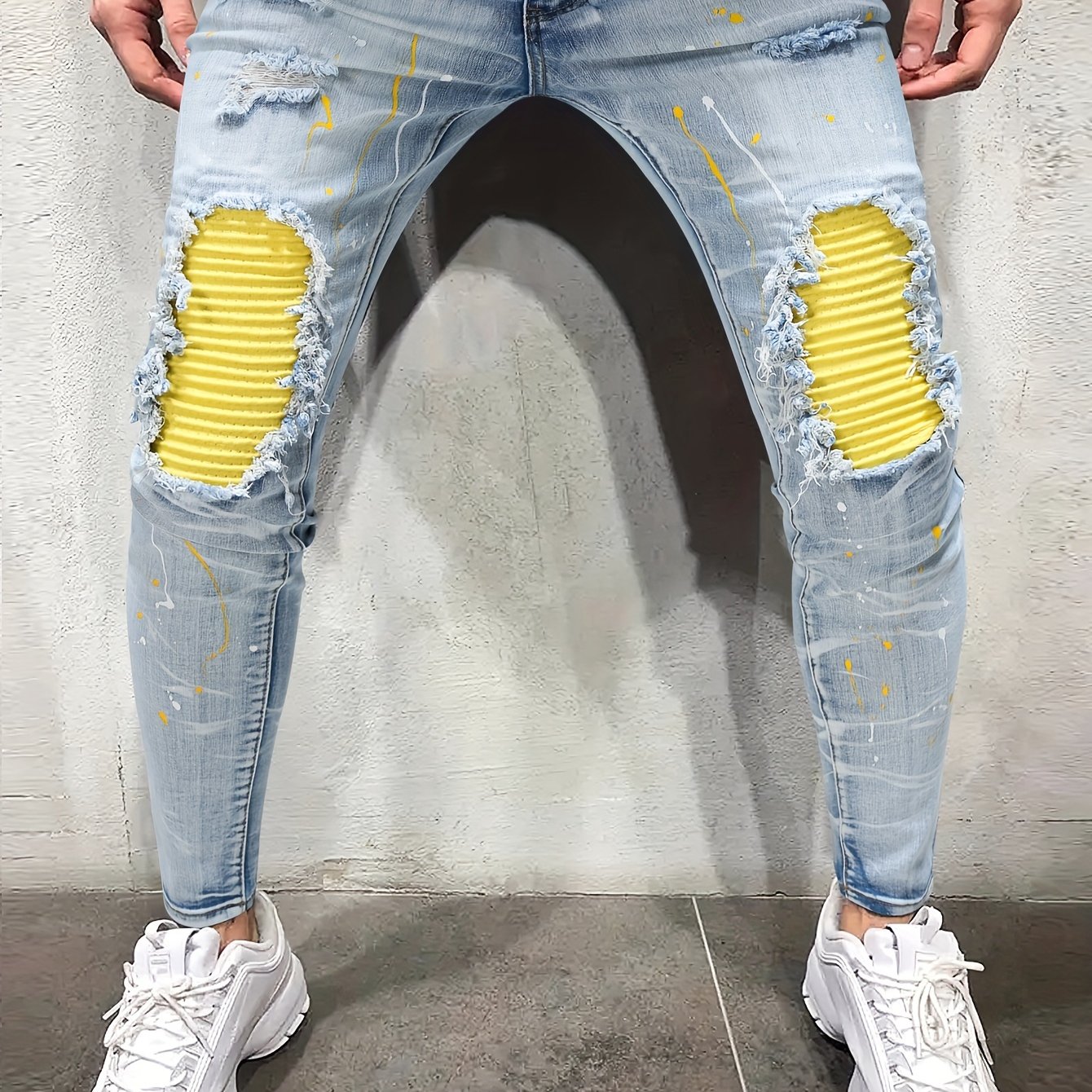 Jean pour homme style imprimé Europe Amérique slim déchiré pantalon crayon  tendance à rayures verticales peinture à l'huile pantalon denim
